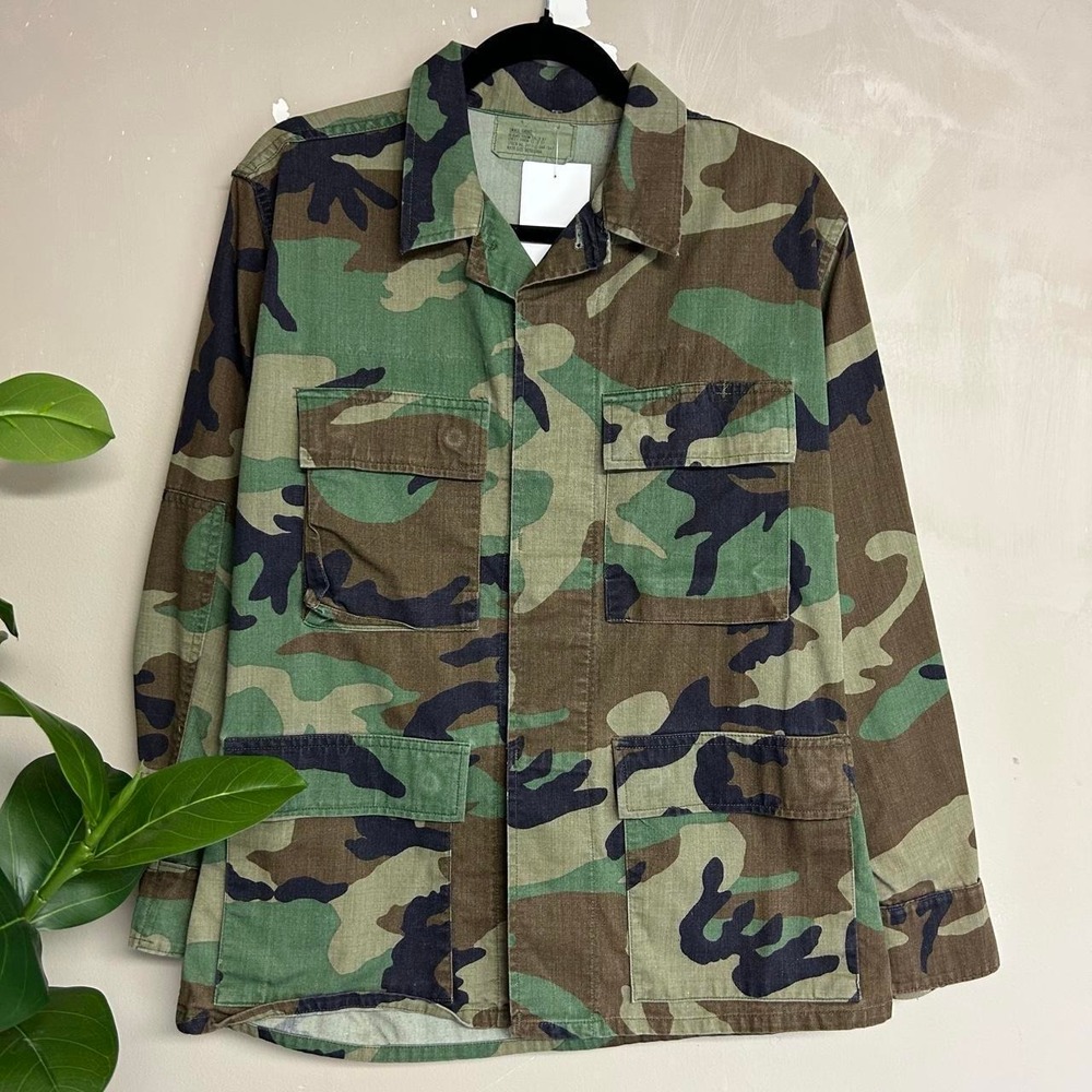 Vintage 90s Military Army Camouflage Button Up Shirt Small Woodland Camo BDU